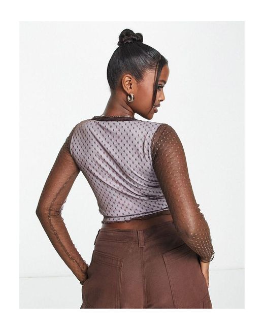 ASOS Brown Long Sleeve Mesh Top With Lace Trim
