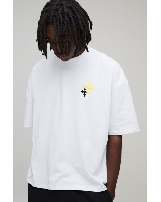 BoohooMAN White Oversized Boxy Embroidered Cross T-Shirt for men