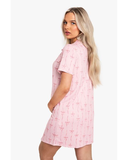 Boohoo Pink Maternity Bow Print Button Through Collar Nightie