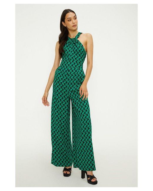 Oasis Green Leaf Print Twist Neck Lined Jumpsuit