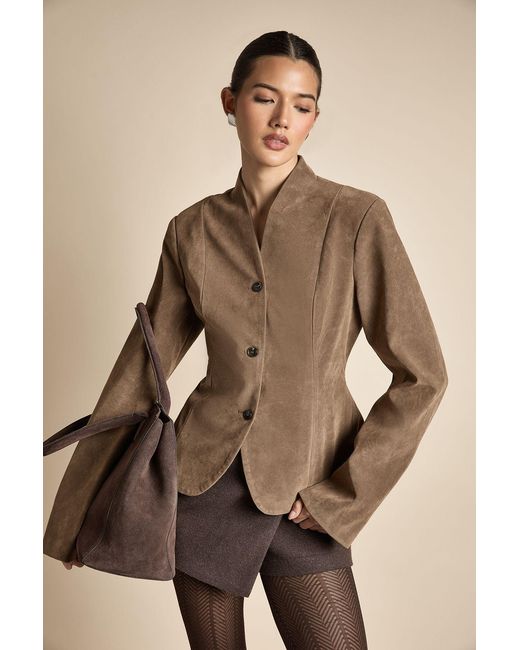 Boohoo Brown Faux Suede Collarless Cinched Waist Blazer