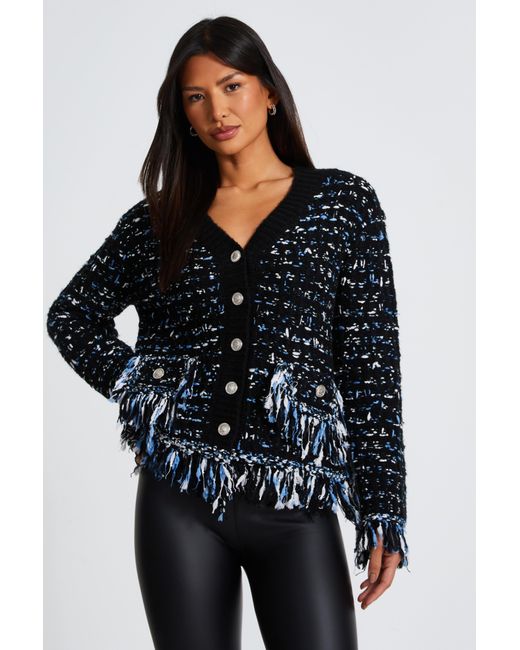 Quiz Black Boucle Knit Fringe Cardigan
