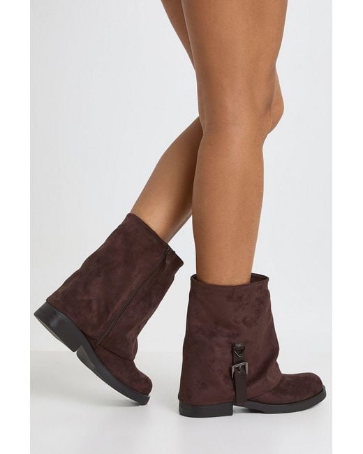 Boohoo Brown Buckle Detail Foldover Ankle Boots