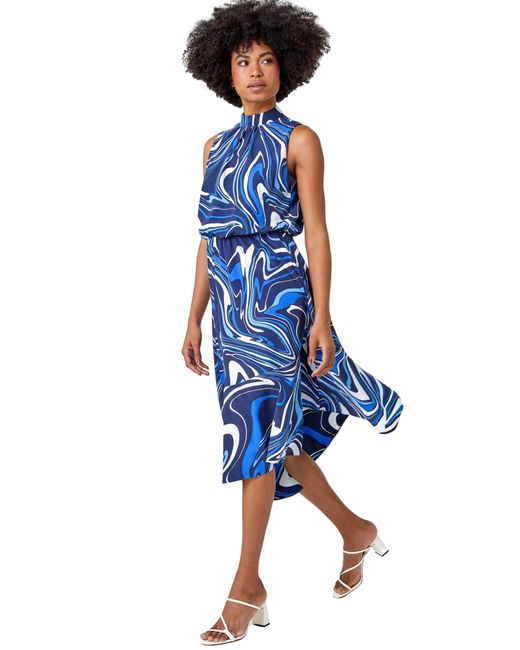 Roman Blue Sleeveless Swirl Print Midi Dress