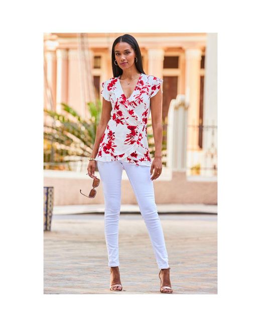 Sosandar Multicolor Ivory & Print Ruffle Faux Wrap Top Denim