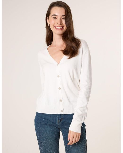 Blue Vanilla White V Neck Diamante Button Cardigan