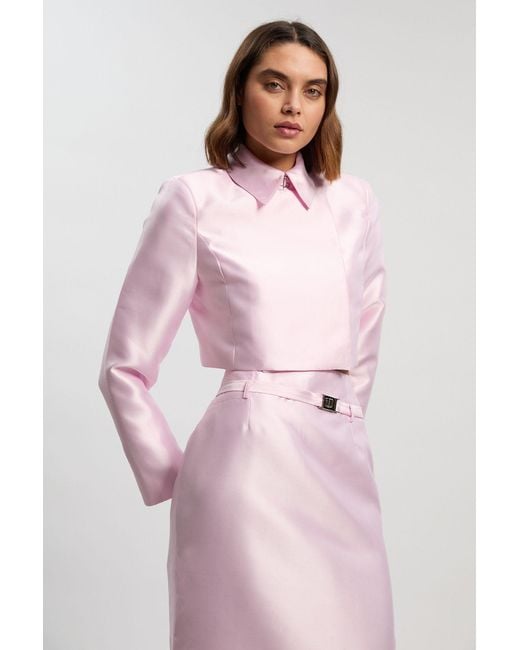 Karen Millen Pink Satin Twill Cropped Wrap Tailored Jacket