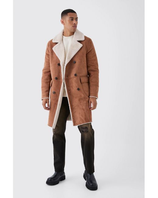 BoohooMAN Natural Borg Lined Double Breasted Overcoat for men