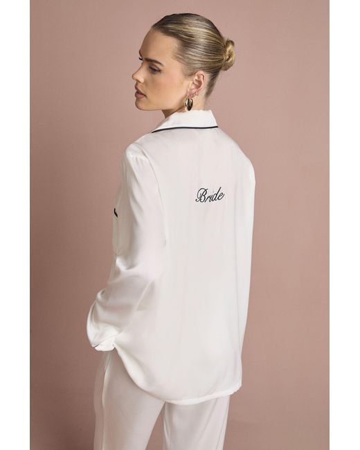 Boohoo Natural Bridal 'Bride' Satin Embroidered Long Sleeve Shirt & Trousers Pyjama Set