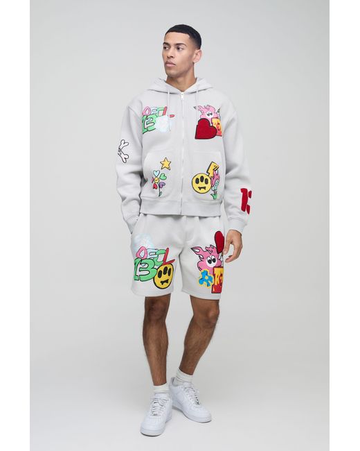 BoohooMAN White Oversized Zip Through Puff Print Zip Hooded Short Tracksuit for men