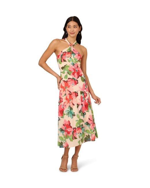 Adrianna Papell Red Halter Flounce Midi Dress