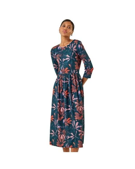Roman Blue Floral Print Stretch Midi Dress