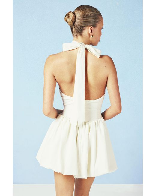 Boohoo Blue Halterneck Tie Back Puff Ball Mini Dress