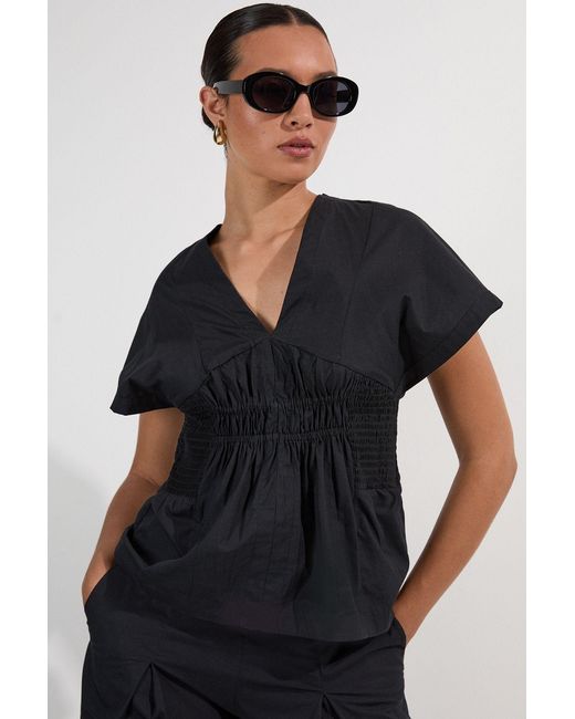 Karen Millen Black Shirred Cotton Woven Plunge Neck Short Sleeve Top