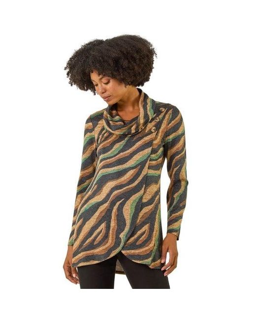 Roman Brown Abstract Print Cowl Neck Stretch Top