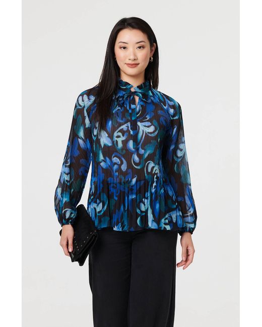 Izabel London Blue Printed Pleated Long Sleeve Tunic Blouse