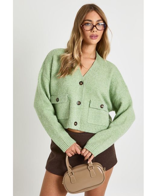 Boohoo Green Pocket Detail Knitted Cardigan