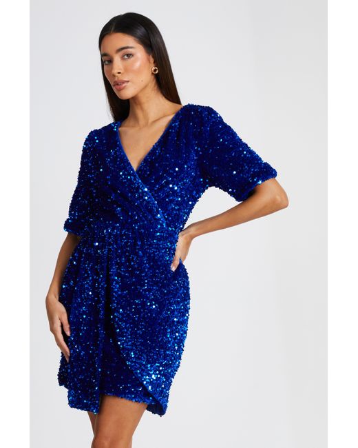 Quiz Blue Royal Sequin Wrap Mini Dress