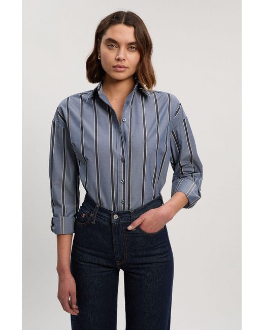Karen Millen Blue Stripe Cotton Oversize Tailored Essential Shirt