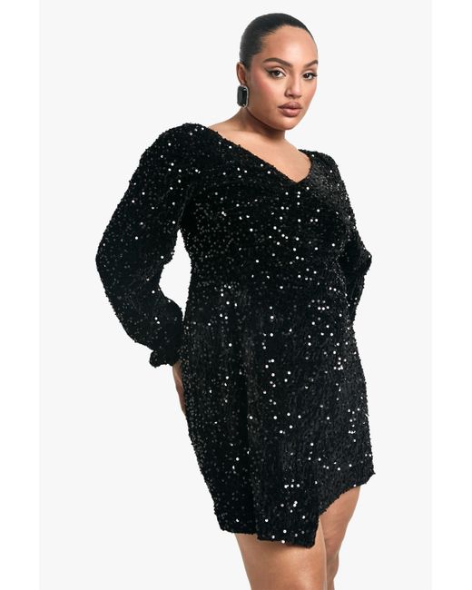 Boohoo Black Plus Velvet Sequin Swing Dress