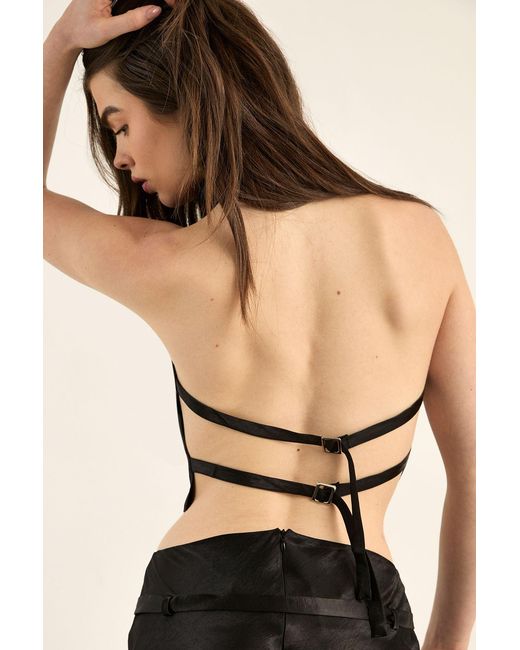 Nasty Gal Black Satin High Neck Cowl Strappy Buckle Back Crop Top