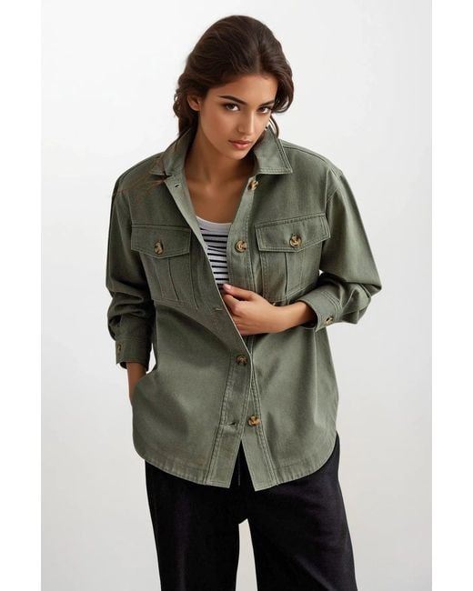 New Look Green Canvas Overshirt Shacket Cotton