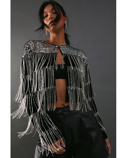 Warehouse Black Premium Velvet Hand Embellished Sequin Fringe Jacket
