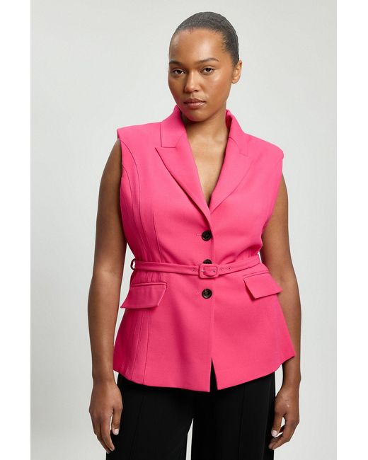 Karen Millen Pink Plus Size Tailored Structured Crepe Belted Sleeveless Blazer