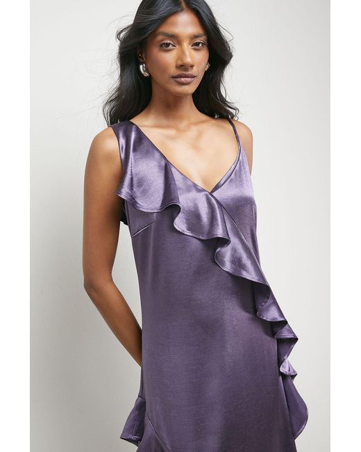 Warehouse Purple Metallic Satin Ruffle High Apex Midi Slip Dress