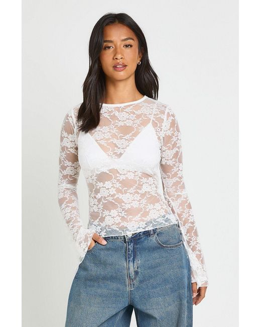 Boohoo White Petite Lace Boat Neck Flare Sleeve Top