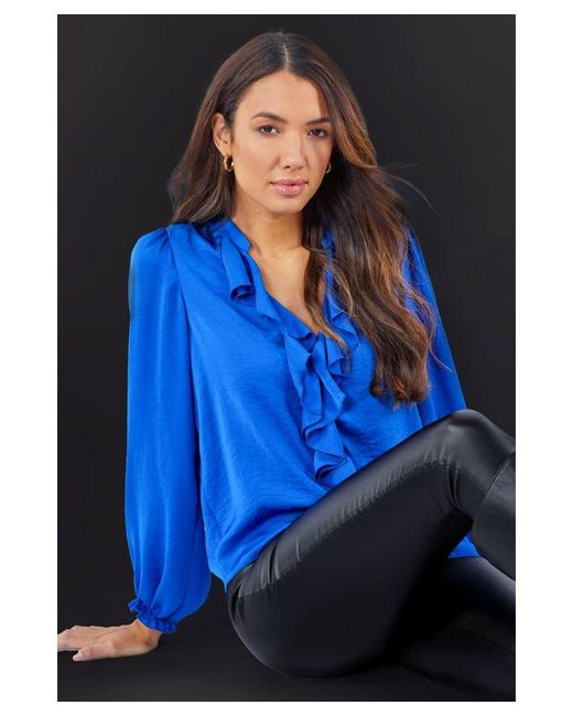 Roman Blue Satin Ruffle Neck Blouse