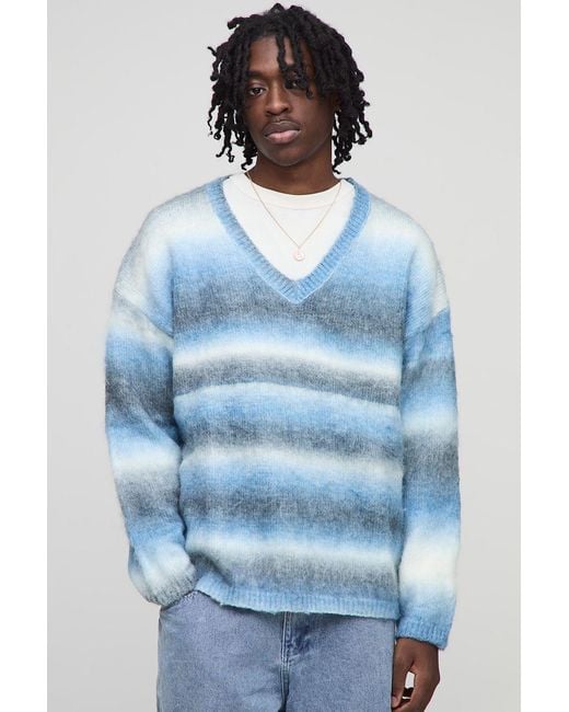 BoohooMAN Blue Oversized Boxy Brushed Stripe V Neck Knitted Sweater for men