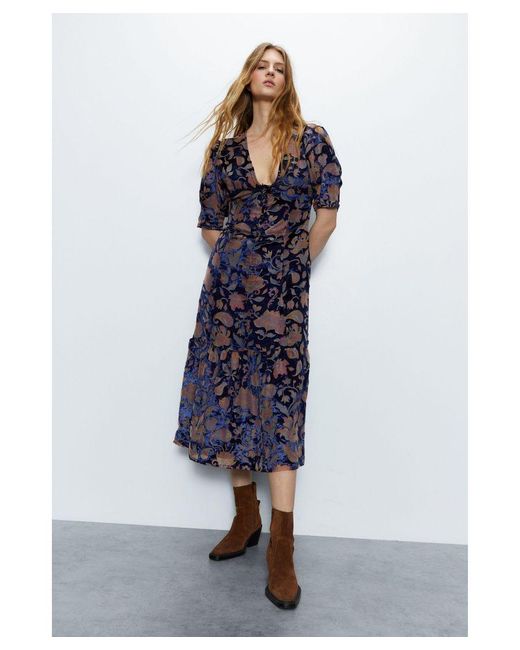Warehouse Blue Floral Devore Midi Dress