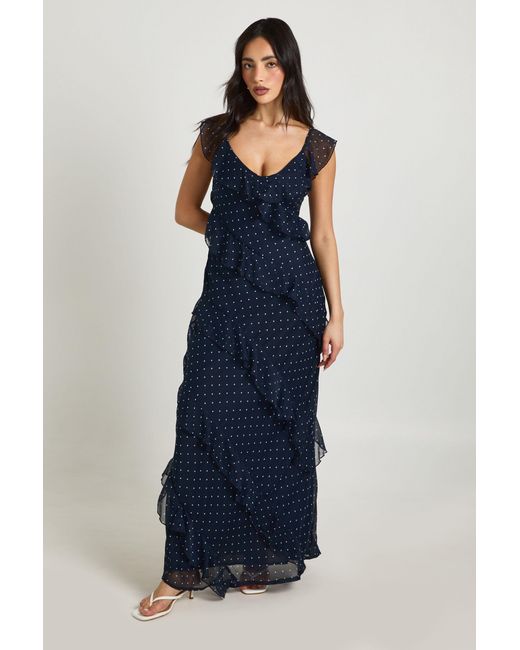 Boohoo Blue Chiffon Ruffle Polka Dot Strappy Maxi Dress
