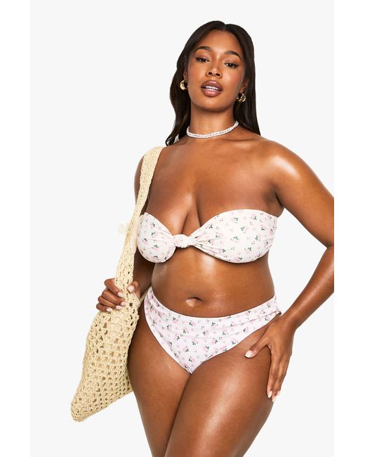 Boohoo Pink Plus Swimwear Essentials Ditsy Floral Knot Bandeau Bikini Top