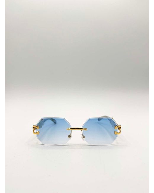 SVNX Blue Rimless Oval Geometric Sunglasses
