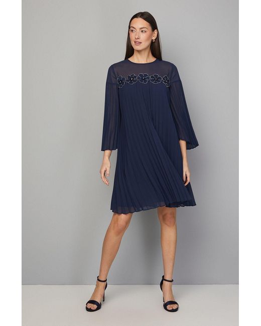 Wallis Blue Pleated Floral Trim Shift Dress