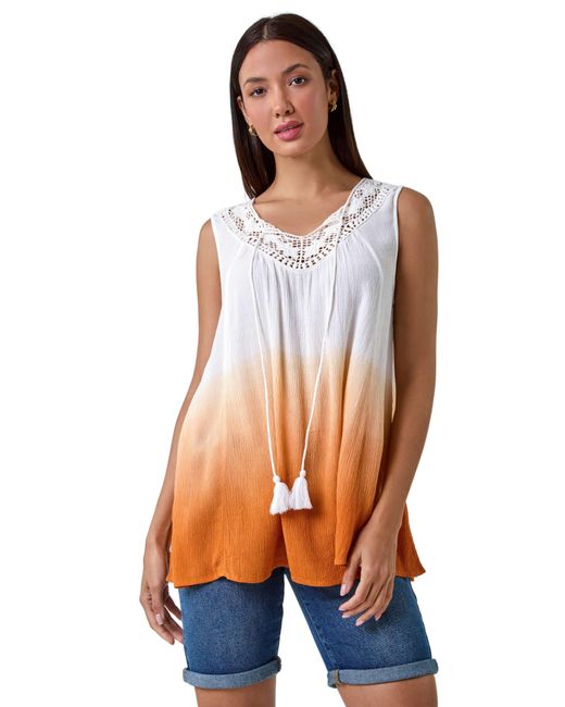 Roman Orange Cotton Lace Detail Ombre V-Neck Vest Top