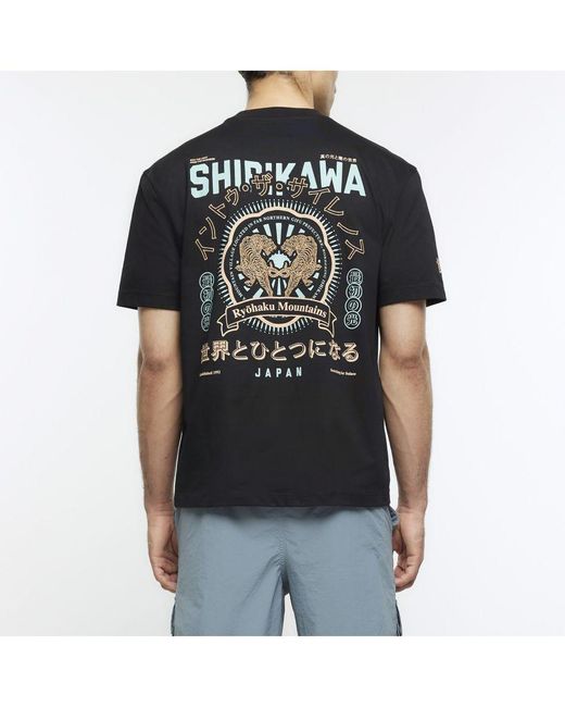 River Island Blue T-Shirt Regular Fit Japanese Graphic Cotton for men