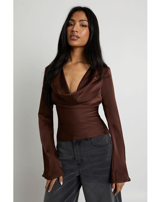 Boohoo Brown Long Sleeve Satin Cowl Neck Top
