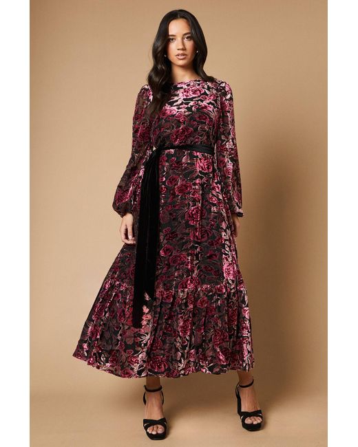 Oasis Red Devore Contrast Belted Maxi Dress