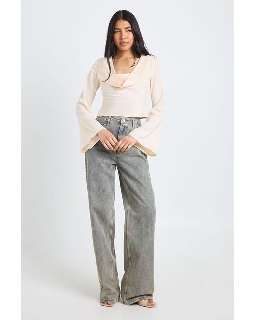 Boohoo White Tall Long Sleeve Satin Cowl Neck Top