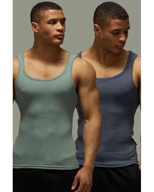 BoohooMAN Gray Active Gym Muscle Fit Ribbed Vest 2 Pack for men