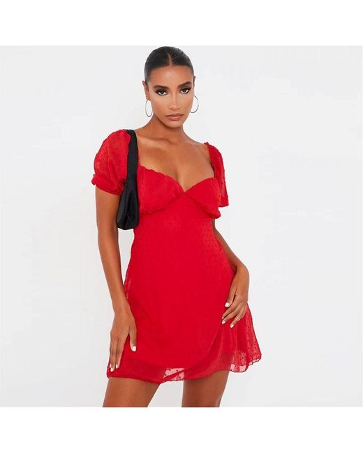 I Saw It First Red Dobby Mesh Puff Sleeve Skater Dress