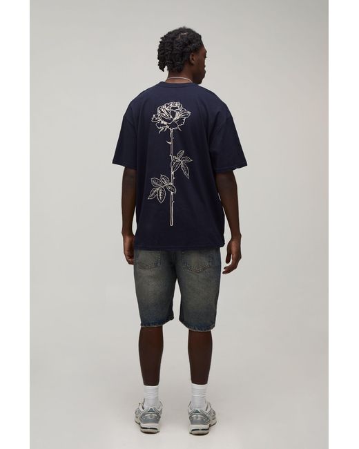 BoohooMAN Blue Oversized Line Drawn Rose Stem Print T-Shirt for men