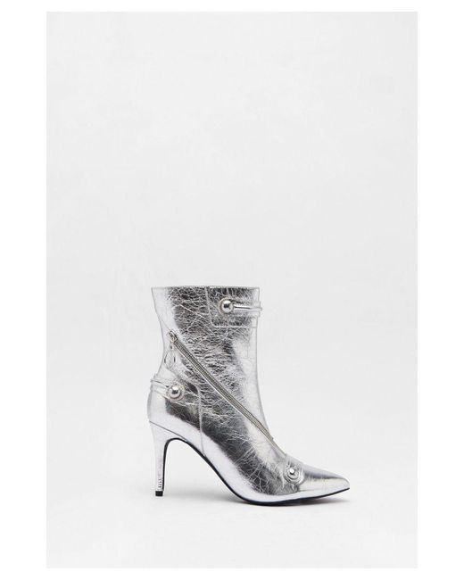 Warehouse White Leather Metallic Zip & Stud Pointed Toe Ankle Boots