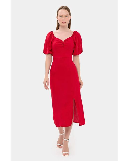 Hiccup Red Sweetheart Neck Midi Dress With A Side Slit
