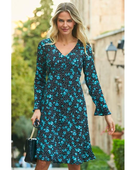 Sosandar Green Floral Print Ruffle Hem Dress
