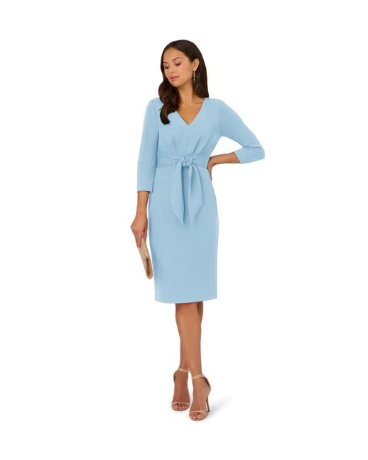 Adrianna Papell Blue Tie V Neck Knit Crepe Dress