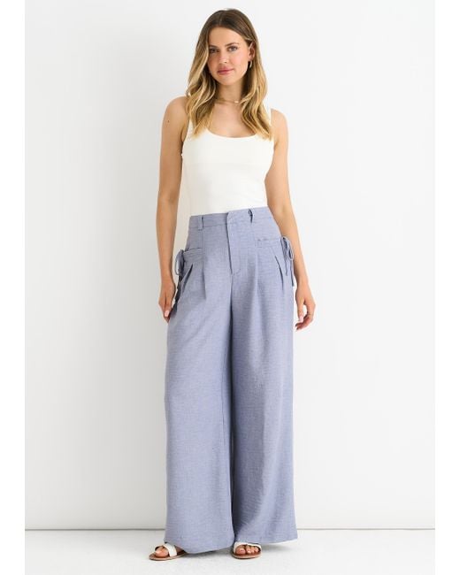 Gini London Blue Linen Look High Waist Wide Leg Trousers
